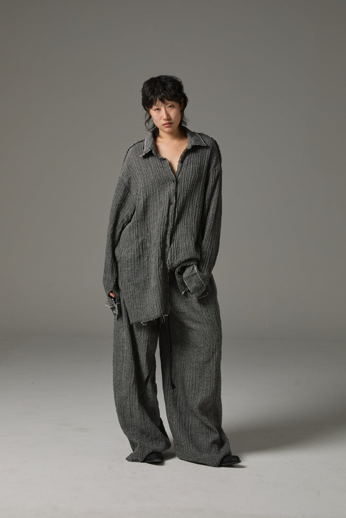 FW25 AMU UNISEX. Washed Oversized Herringbone Wool Shirt #BLACK