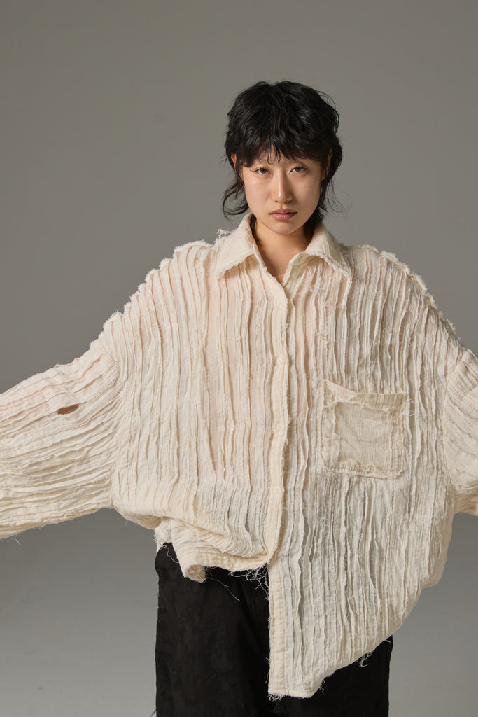 FW25 AMU UNISEX. Hand-Cut Washed Oversized Shirt #BLACK