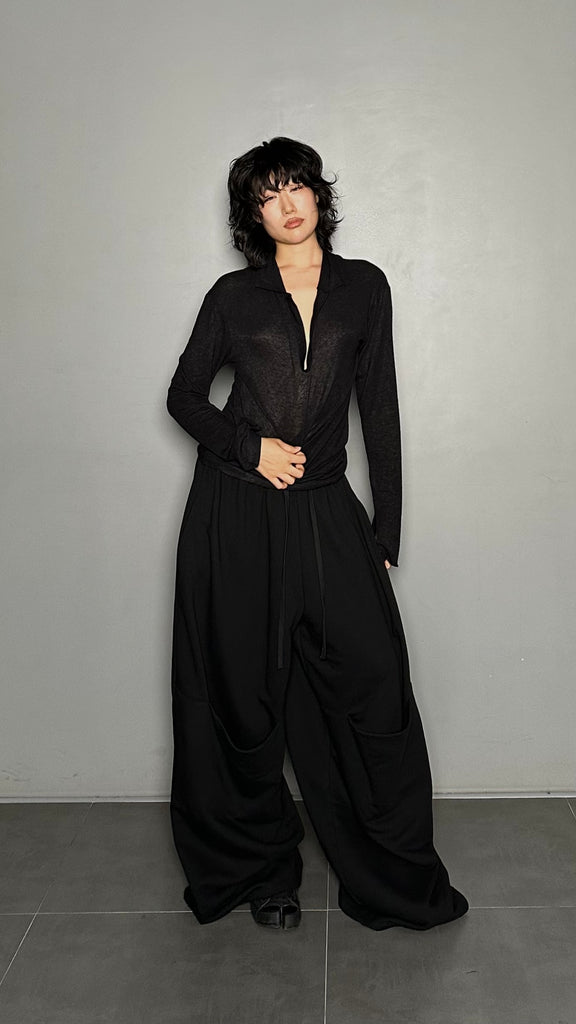 FW25 AMU Unisex. Wool-Tencel Long-sleeve Tee #BLACK