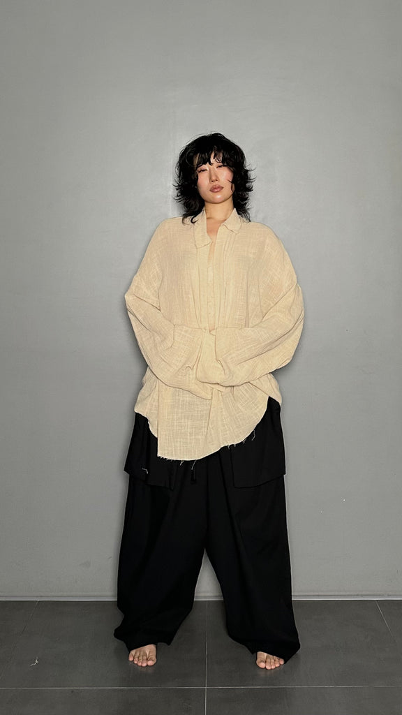 SS25 AMU Unisex. Oversized Low-Neckline Shirt Top #BEIGE