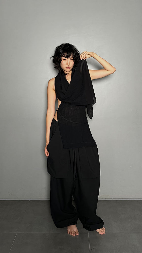 SS25 AMU Unisex. Versatile Scarf-Tie Top #BLACK