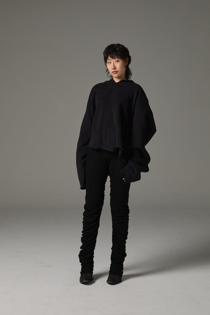 FW25 AMU UNISEX. Cut-Out Washed Oversized Napped Hoodie #BLACK