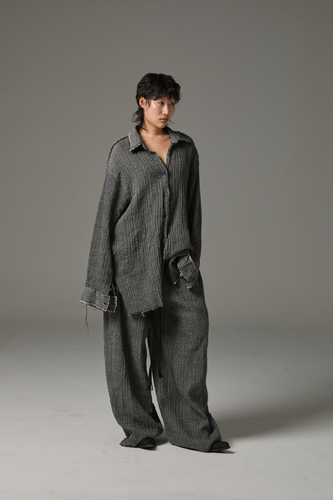 FW25 AMU UNISEX. Washed Oversized Herringbone Wool Shirt #BLACK