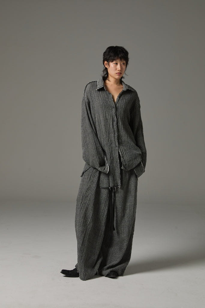 FW25 AMU UNISEX. Washed Oversized Herringbone Wool Pants #BLACK