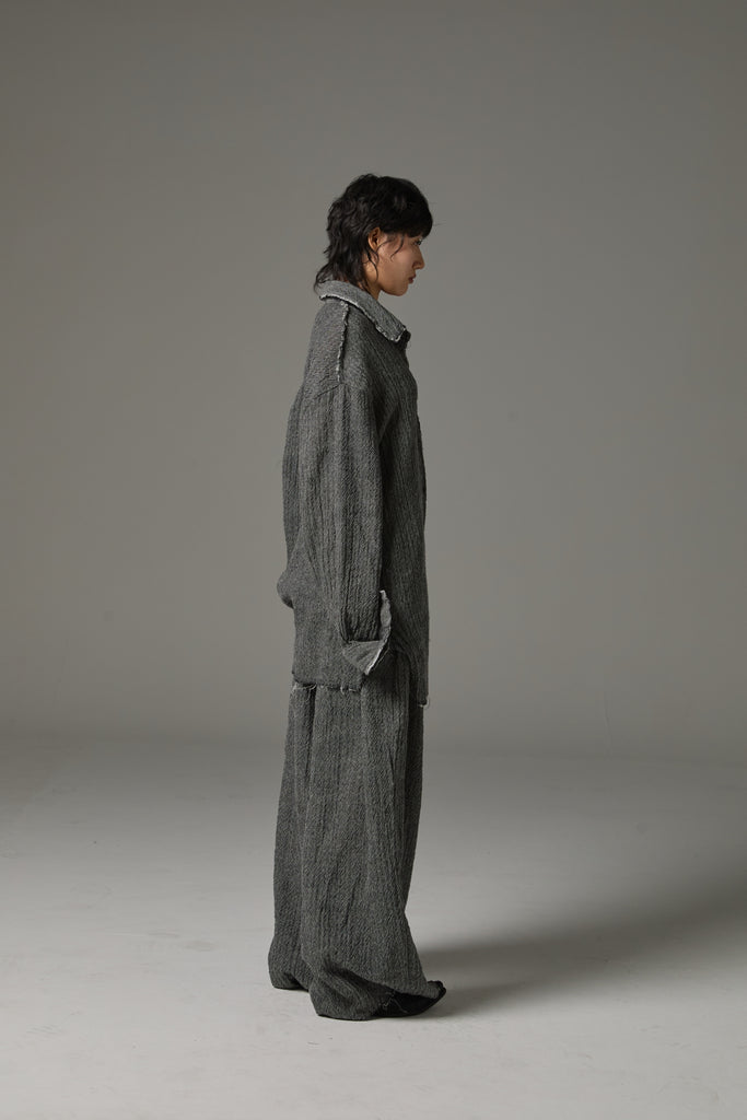 FW25 AMU UNISEX. Washed Oversized Herringbone Wool Shirt #BLACK