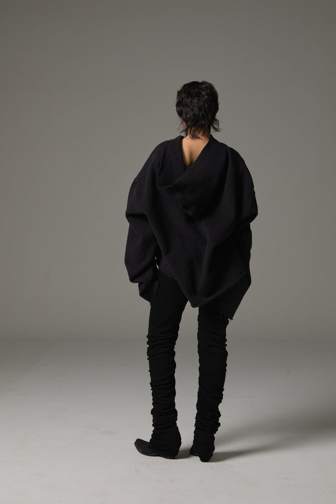 FW25 AMU UNISEX. Cut-Out Washed Oversized Napped Hoodie #BLACK