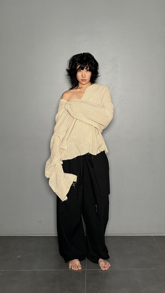 SS25 AMU Unisex. Oversized Low-Neckline Shirt Top #BEIGE