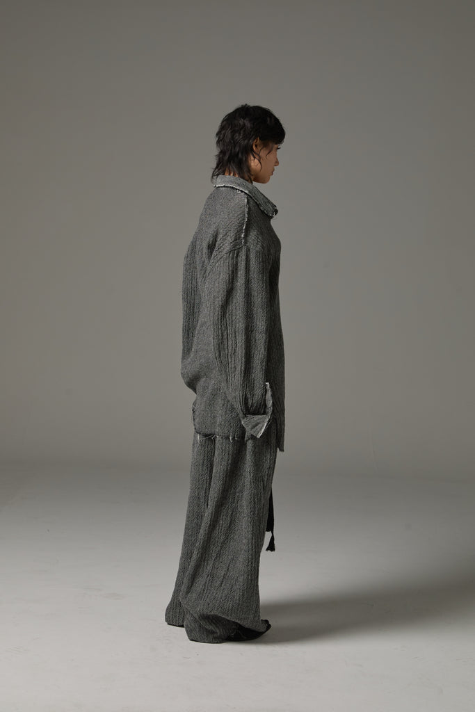 FW25 AMU UNISEX. Washed Oversized Herringbone Wool Pants #BLACK