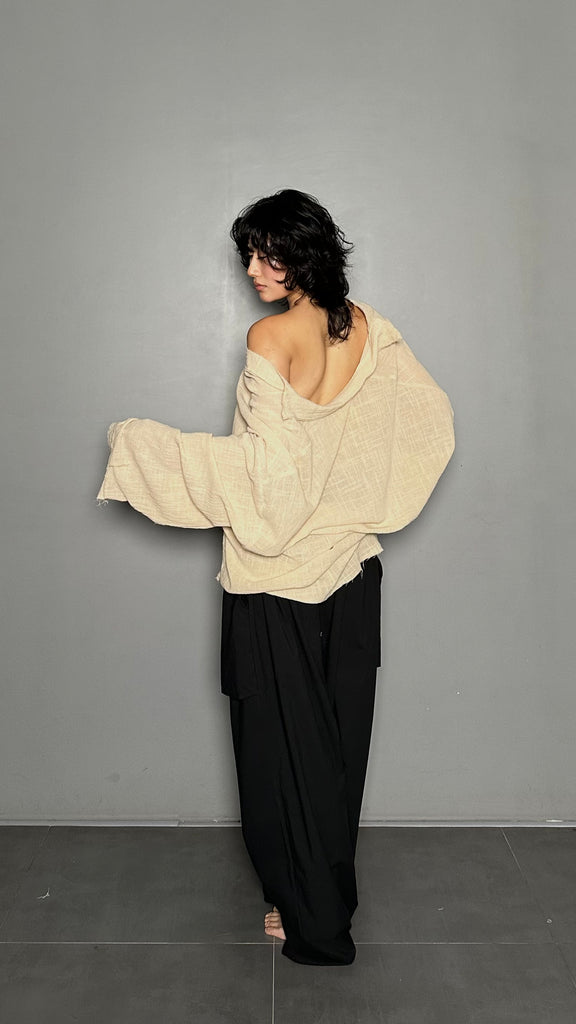 SS25 AMU Unisex. Oversized Low-Neckline Shirt Top #BEIGE