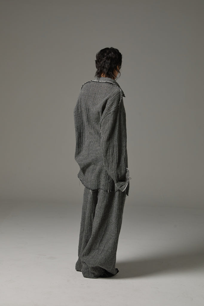 FW25 AMU UNISEX. Washed Oversized Herringbone Wool Pants #BLACK