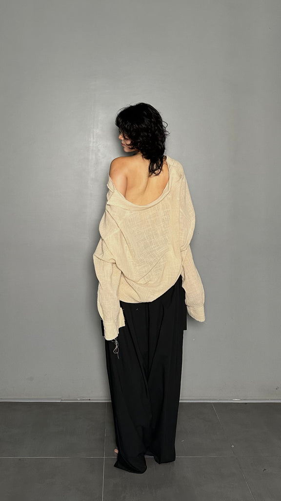 SS25 AMU Unisex. Oversized Low-Neckline Shirt Top #BEIGE