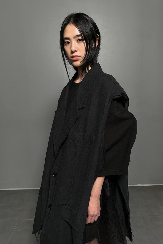 SS24 UNISEX AMU OVERSIZED LINEN VEST JACKET #BLACK