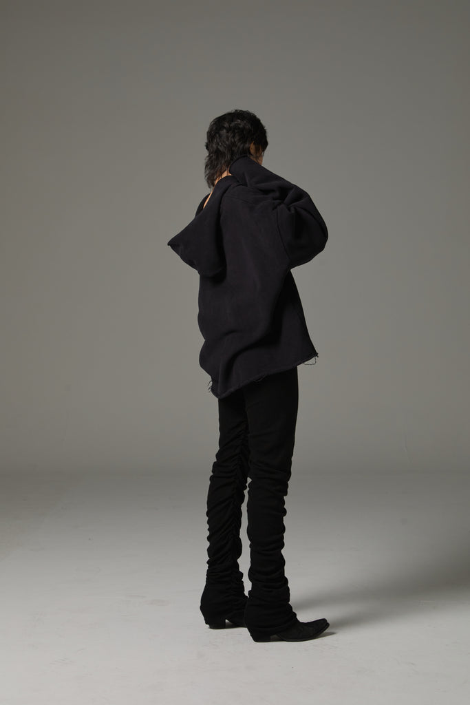 FW25 AMU UNISEX. Cut-Out Washed Oversized Napped Hoodie #BLACK