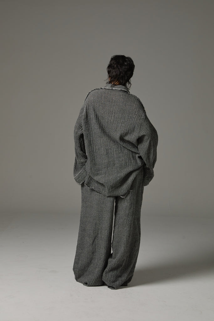 FW25 AMU UNISEX. Washed Oversized Herringbone Wool Shirt #BLACK