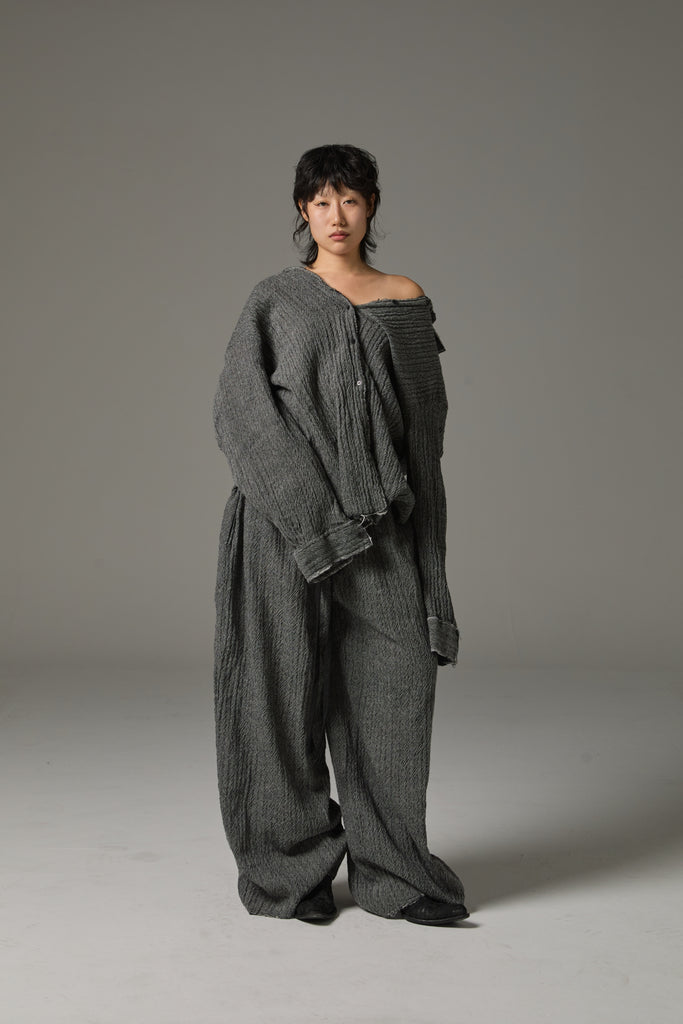 FW25 AMU UNISEX. Washed Oversized Herringbone Wool Shirt #BLACK