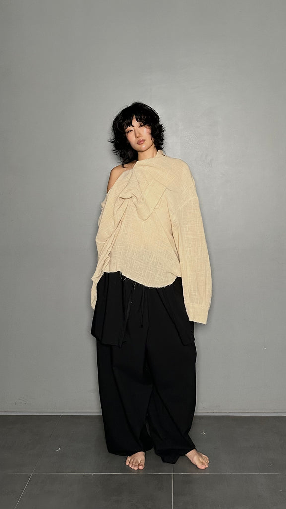 SS25 AMU Unisex. Oversized Low-Neckline Shirt Top #BEIGE