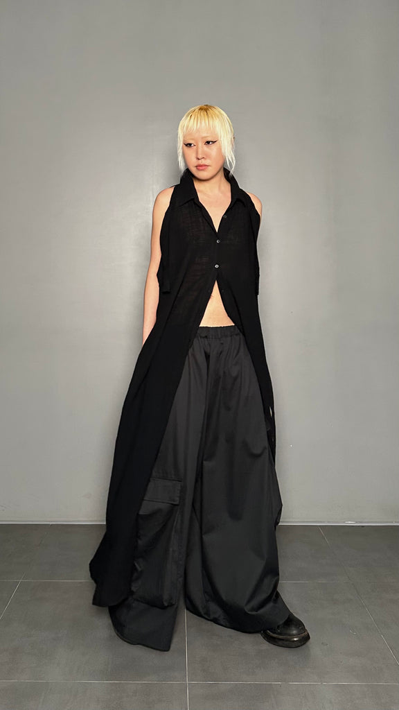 SS25 AMU Unisex Buckle Long Shirt #BLACK