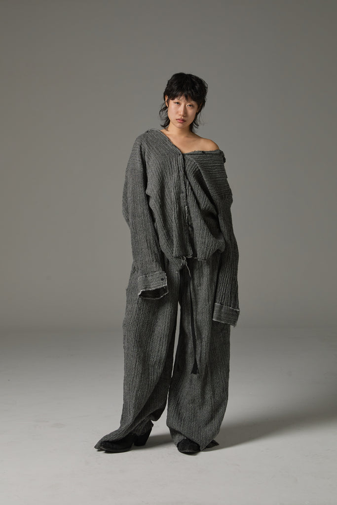 FW25 AMU UNISEX. Washed Oversized Herringbone Wool Shirt #BLACK