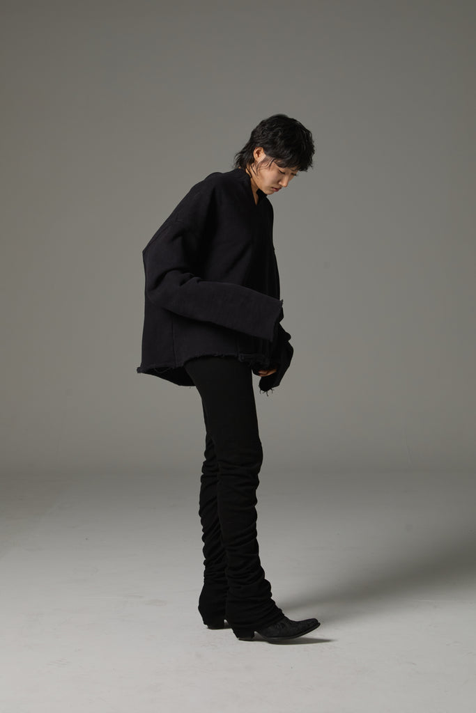 FW25 AMU UNISEX. Cut-Out Washed Oversized Napped Hoodie #BLACK