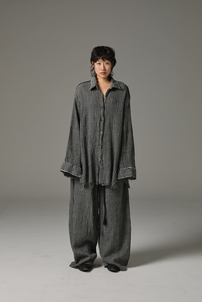 FW25 AMU UNISEX. Washed Oversized Herringbone Wool Shirt #BLACK