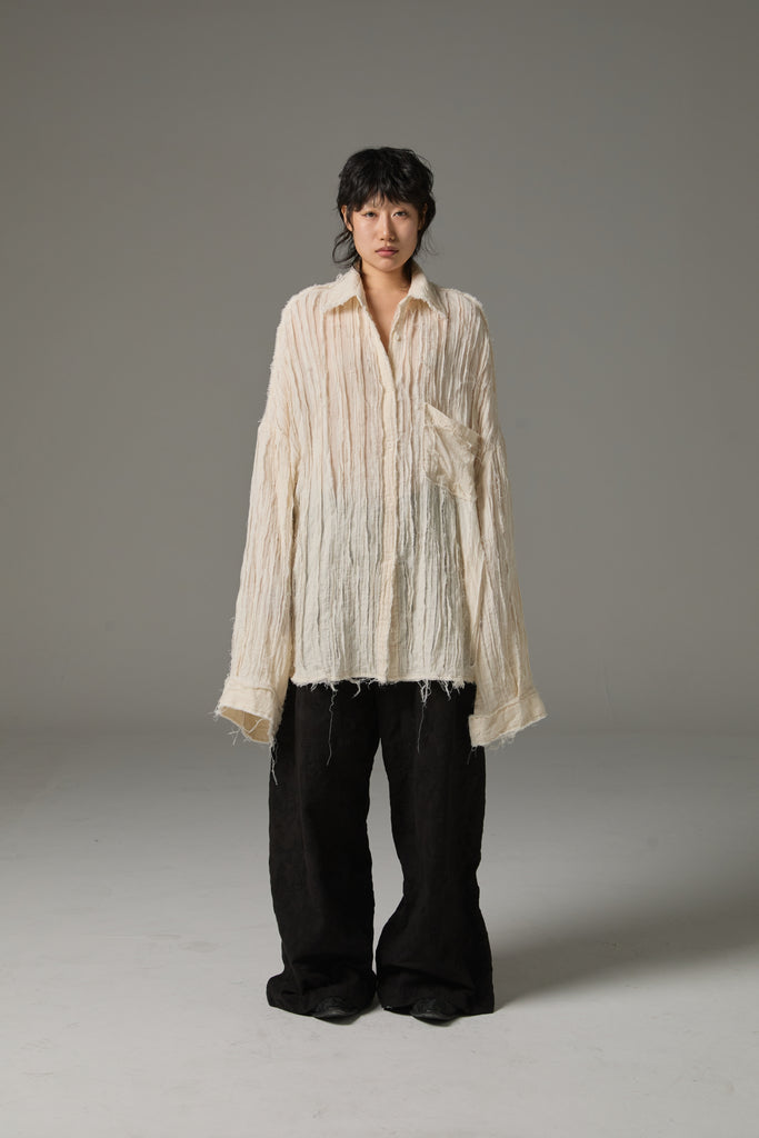 FW25 AMU UNISEX. Hand-Cut Washed Oversized Shirt #WHITE