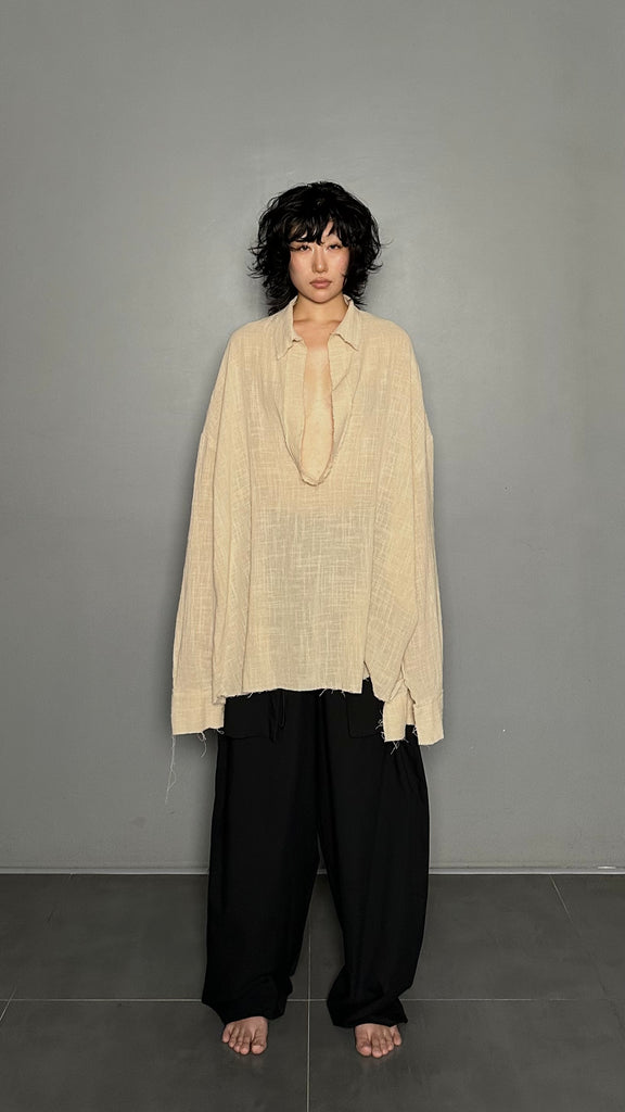 SS25 AMU Unisex. Oversized Low-Neckline Shirt Top #BEIGE