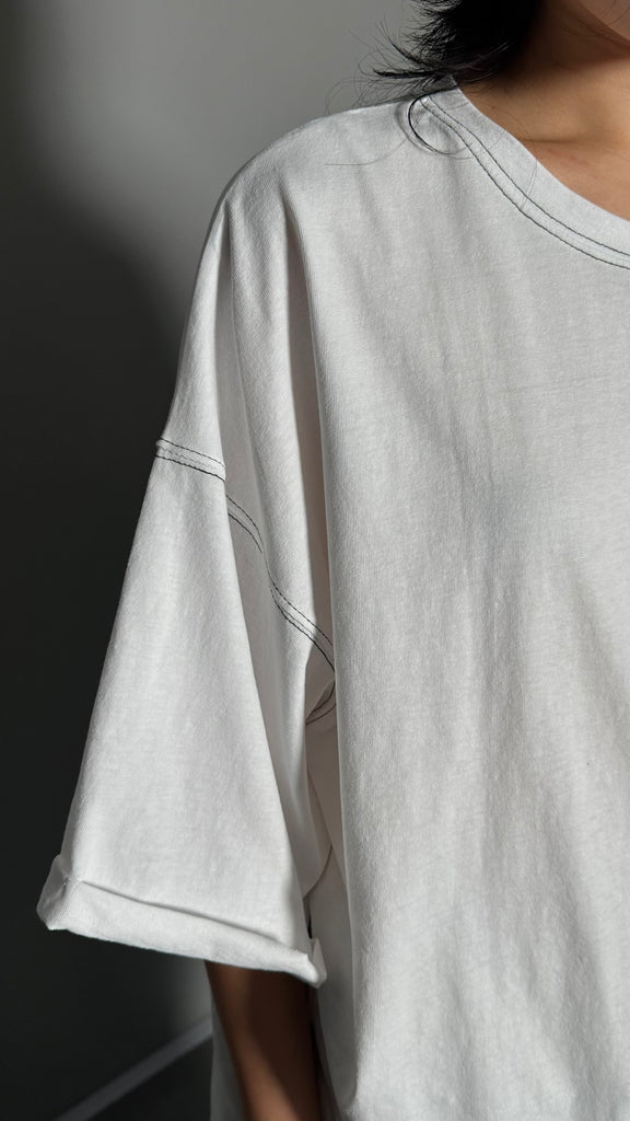 SS25 AMU Unisex. Folded Sleeve Contrast Stitch Tee #WHITE
