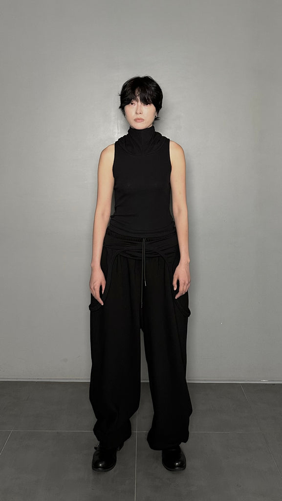 SS25 AMU Backless Hoodie Sleeveless Top #BLACK