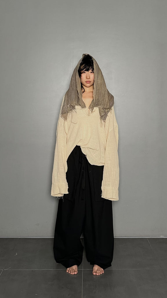 SS25 AMU Unisex. Irregular Crease & Dyed Herringbone Scarf #BEIGE