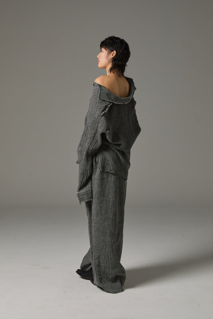 FW25 AMU UNISEX. Washed Oversized Herringbone Wool Shirt #BLACK