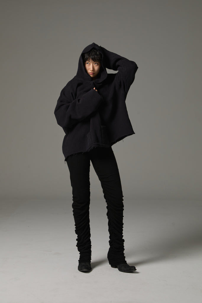 FW25 AMU UNISEX. Cut-Out Washed Oversized Napped Hoodie #BLACK