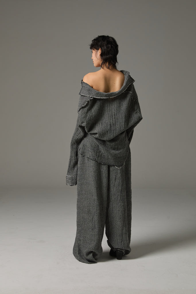 FW25 AMU UNISEX. Washed Oversized Herringbone Wool Shirt #BLACK