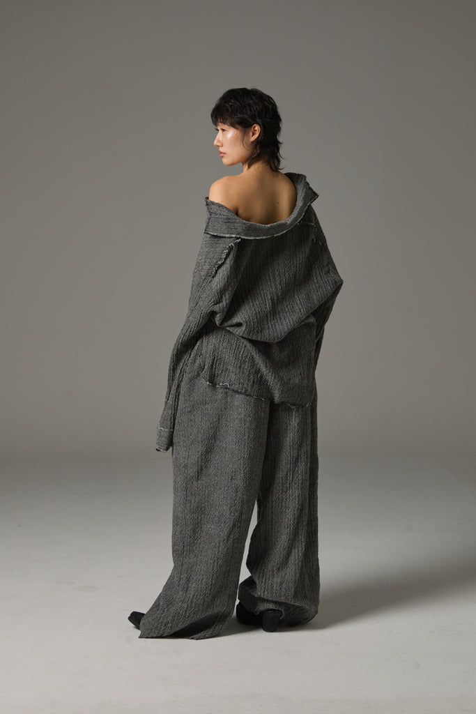 FW25 AMU UNISEX. Washed Oversized Herringbone Wool Shirt #BLACK