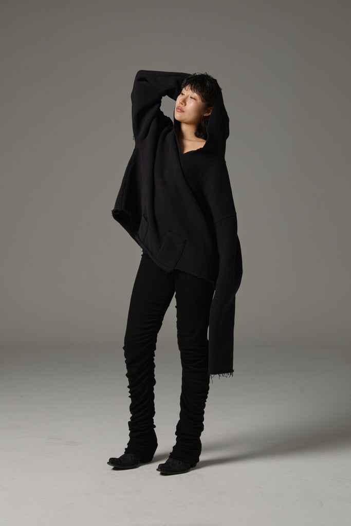 FW25 AMU UNISEX. Cut-Out Washed Oversized Napped Hoodie #BLACK