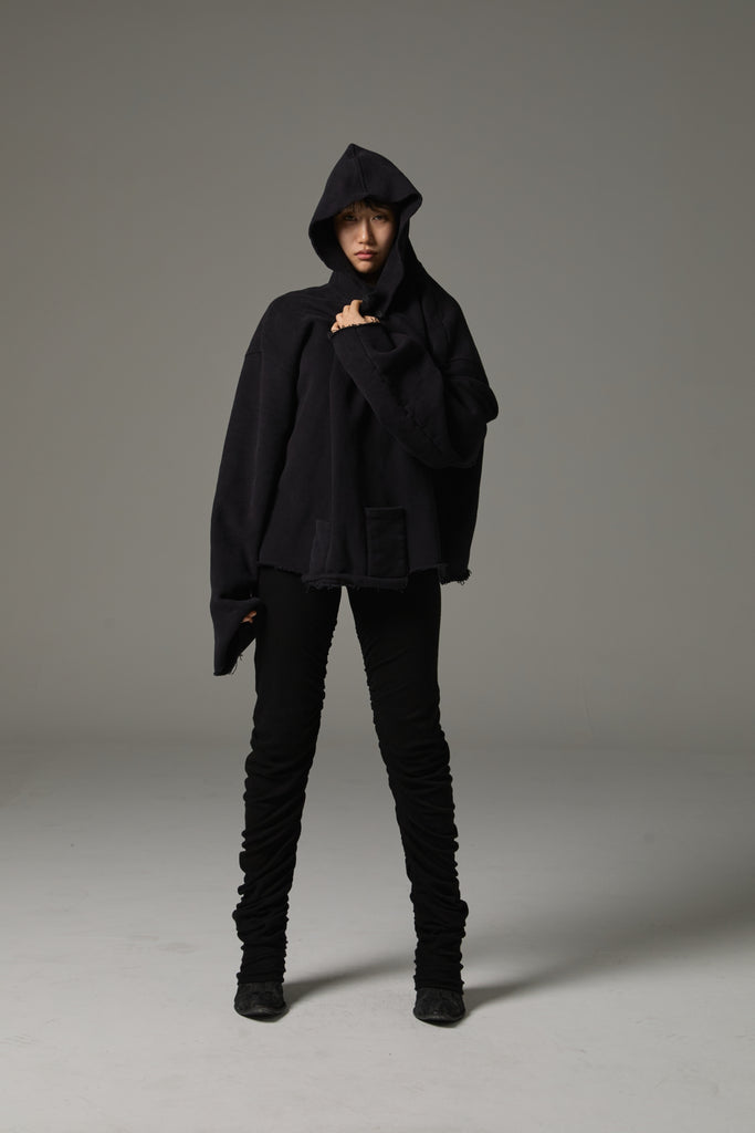FW25 AMU UNISEX. Cut-Out Washed Oversized Napped Hoodie #BLACK