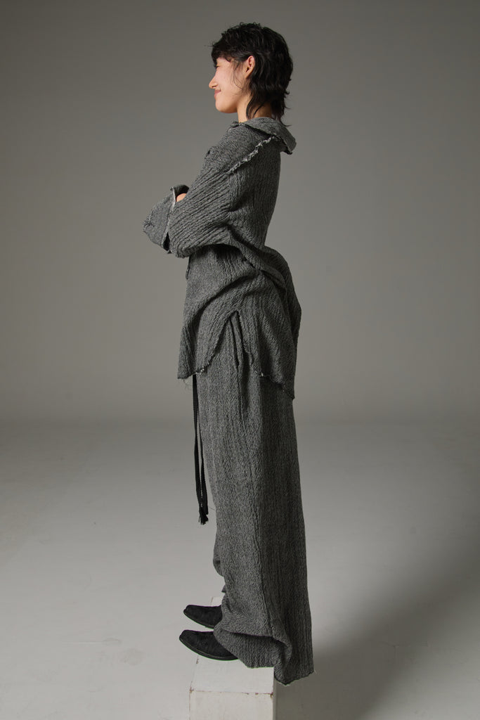 FW25 AMU UNISEX. Washed Oversized Herringbone Wool Pants #BLACK