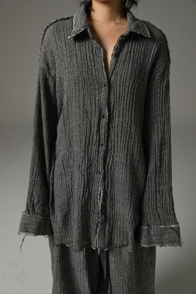 FW25 AMU UNISEX. Washed Oversized Herringbone Wool Shirt #BLACK