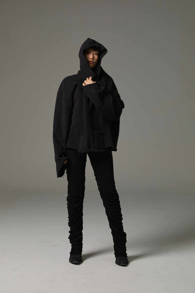 FW25 AMU UNISEX. Cut-Out Washed Oversized Napped Hoodie #BLACK
