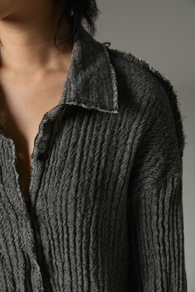 FW25 AMU UNISEX. Washed Oversized Herringbone Wool Shirt #BLACK