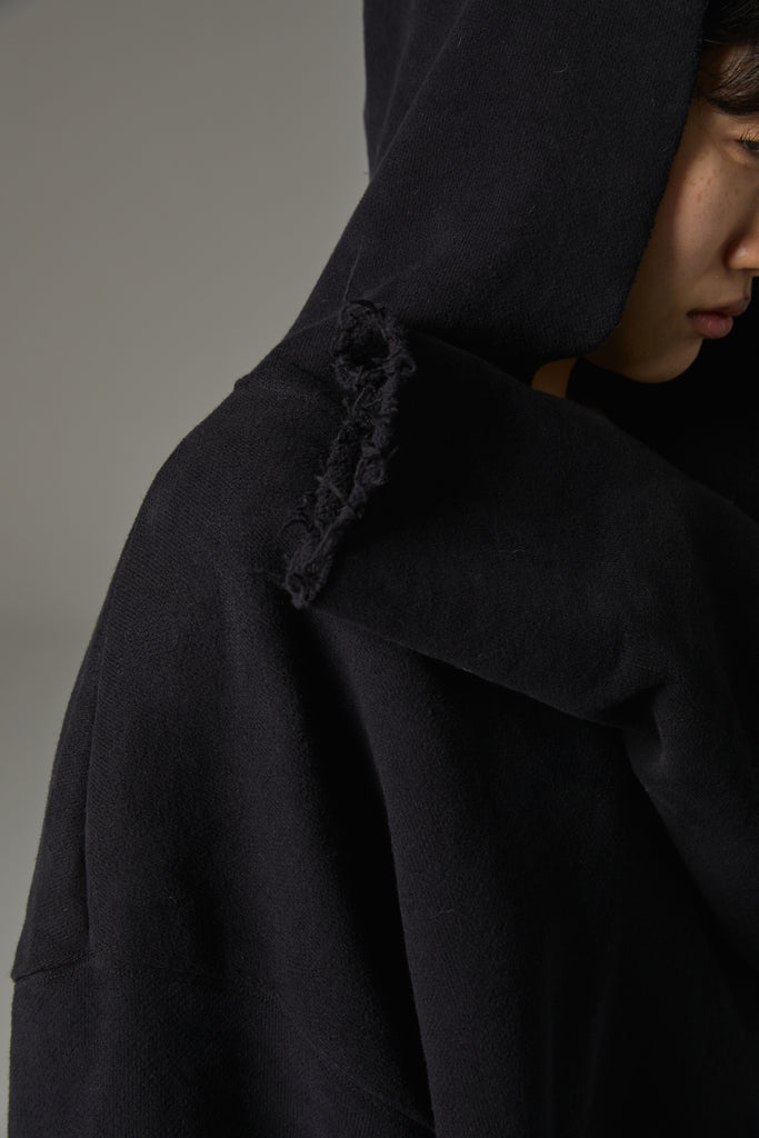 FW25 AMU UNISEX. Cut-Out Washed Oversized Napped Hoodie #BLACK