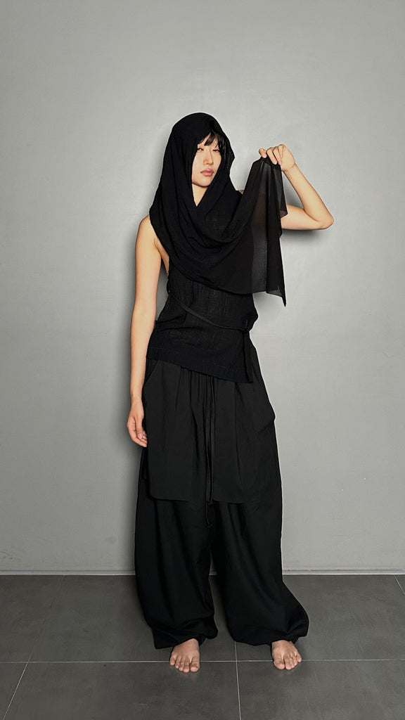SS25 AMU Unisex. Versatile Scarf-Tie Top #BLACK