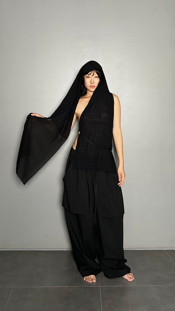 SS25 AMU Unisex. Versatile Scarf-Tie Top #BLACK