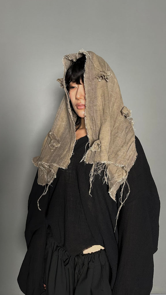 SS25 AMU Unisex. Irregular Crease & Dyed Herringbone Handmade Scarf #BEIGE