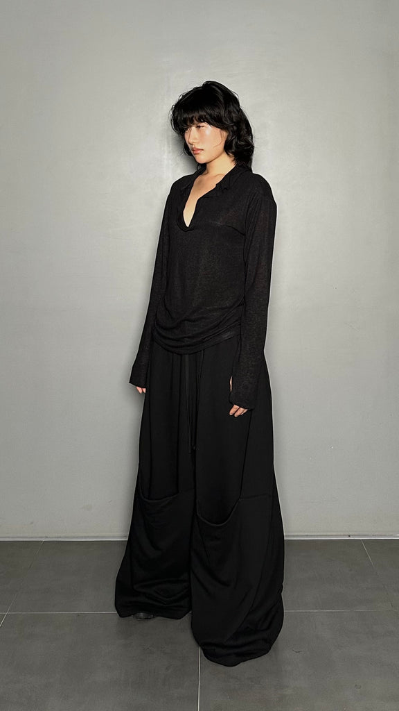 FW25 AMU Unisex. Wool-Tencel Long-sleeve Tee #BLACK