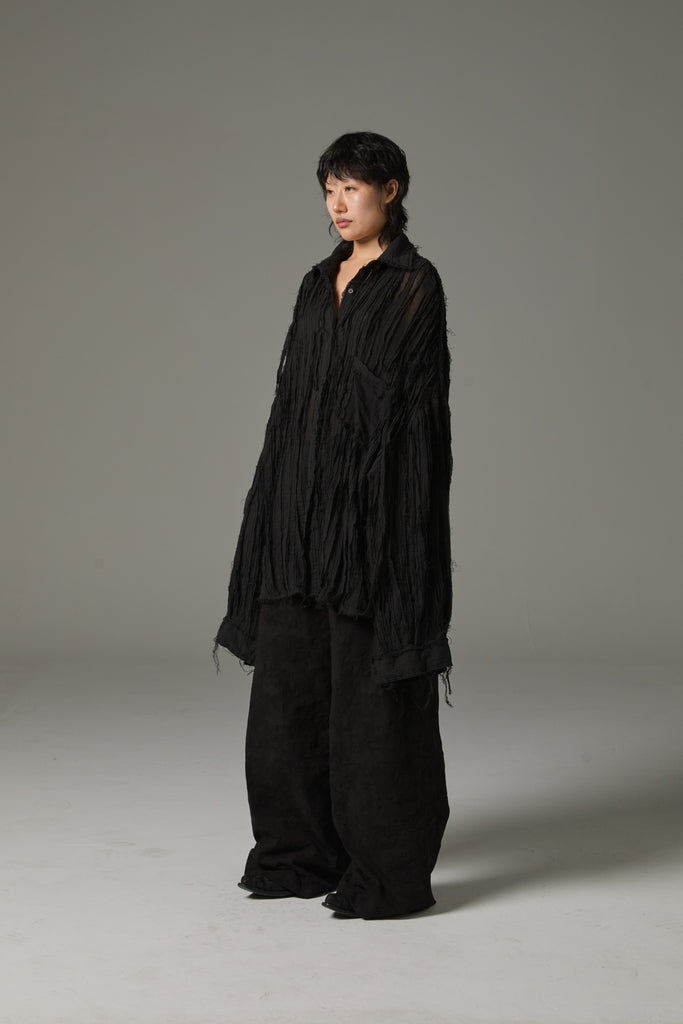FW25 AMU UNISEX. Hand-Cut Washed Oversized Shirt #BLACK