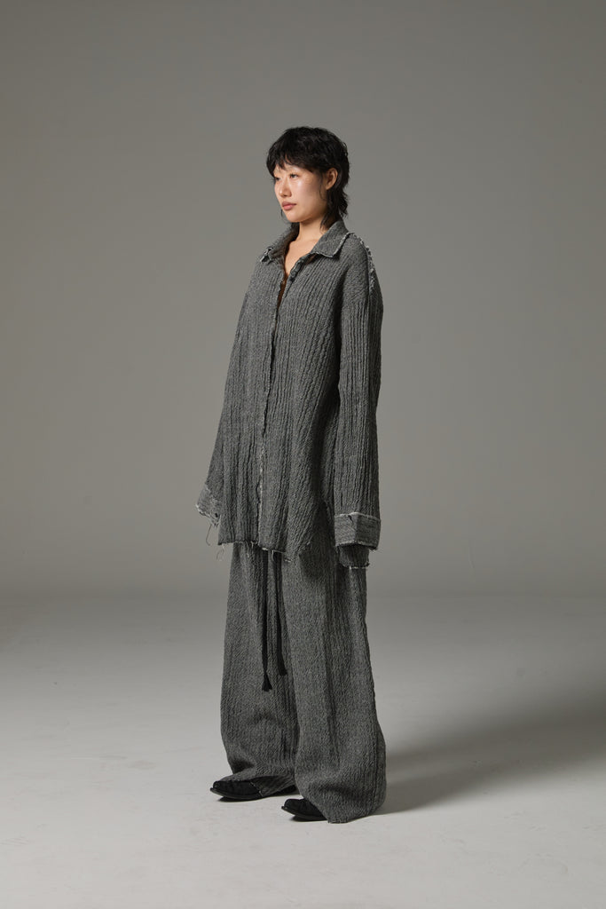 FW25 AMU UNISEX. Washed Oversized Herringbone Wool Shirt #BLACK