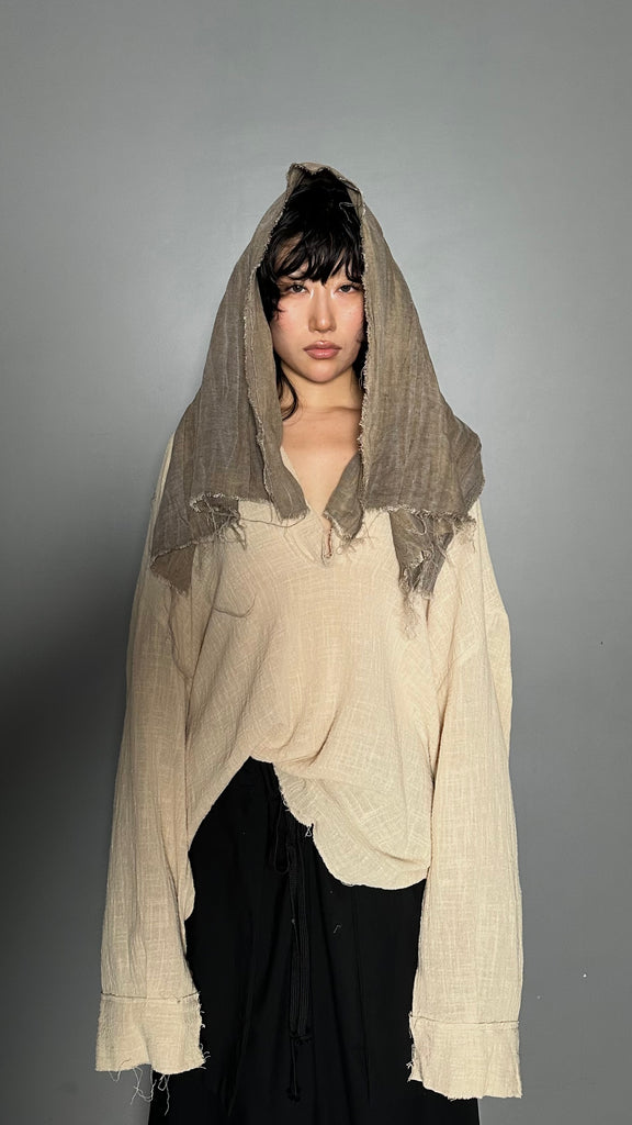 SS25 AMU Unisex. Irregular Crease & Dyed Herringbone Scarf #BEIGE