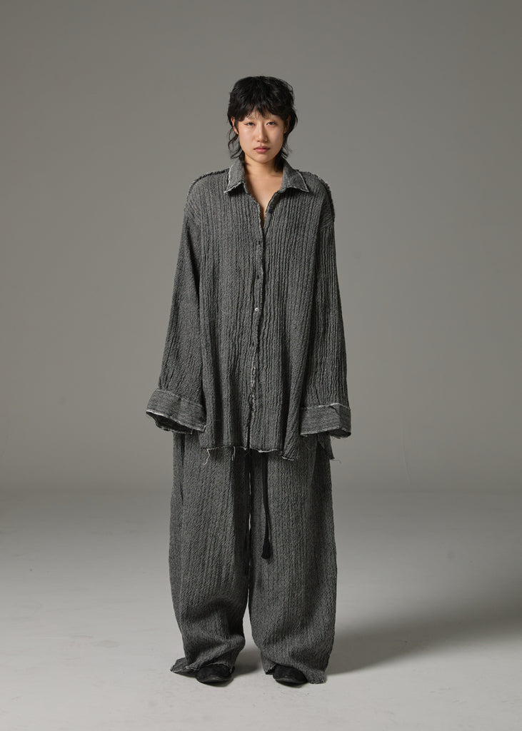 FW25 AMU UNISEX. Washed Oversized Herringbone Wool Shirt #BLACK