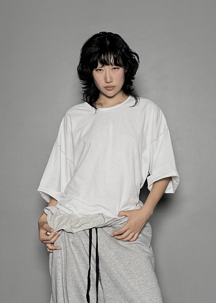 SS25 AMU Unisex. Folded Sleeve Contrast Stitch Tee #WHITE