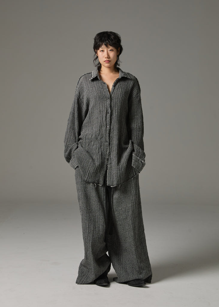 FW25 AMU UNISEX. Washed Oversized Herringbone Wool Pants #BLACK